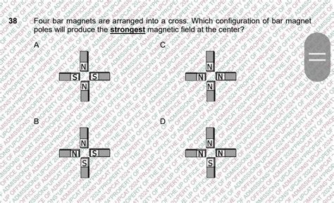 Four bar magnets are arranged into a cross. Which configuration of bar magnet poles will produce ...