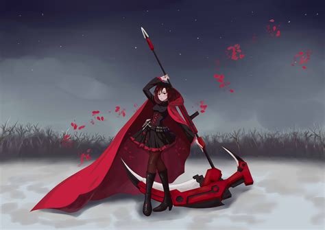 RWBY, digital art, anime girls, fan art, ruby rose, Crescent Rose, scythe, Petal, cape, short ...