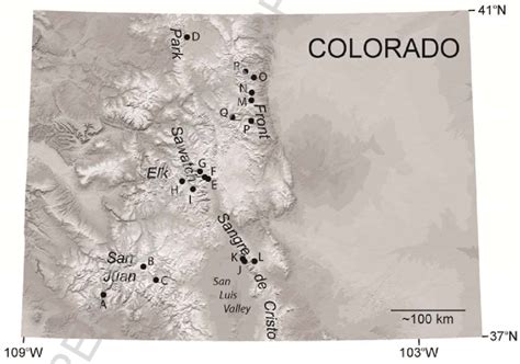 Digital terrain map of the state of Colorado showing mountain ranges ...