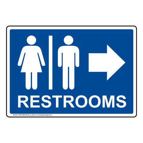 Blue Restrooms [Right Arrow] Sign With Symbol RRE-6982-White_on_Blue