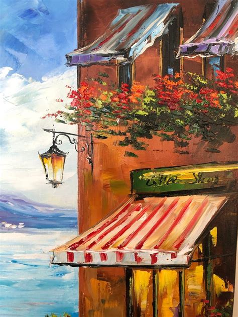 an oil painting of a street corner with flowers on the windows and awnings