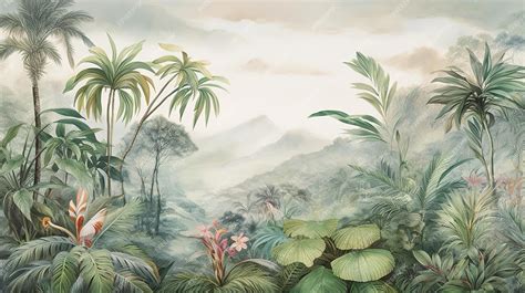 Premium Photo | Tropical Exotic Landscape Wallpaper Hand Drawn Design Luxury Wall Mural