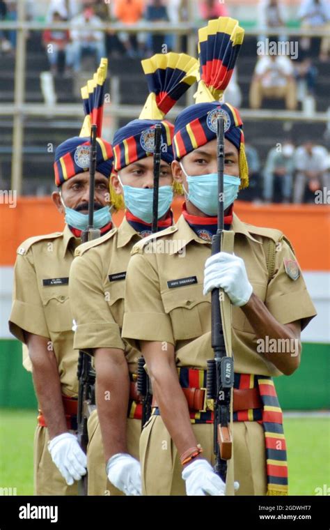 Nagaon, Assam, India. 15th Aug, 2021. Assam Police parade contigents wearing mask due to covid ...