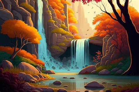 Premium AI Image | Waterfalls in an autumn park with vibrant foliage