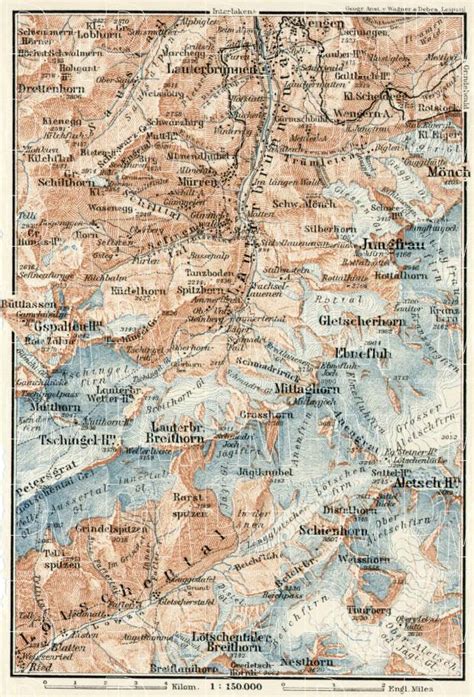 Old map of Upper Lauterbrunnen valley in 1909. Buy vintage map replica poster print or download ...