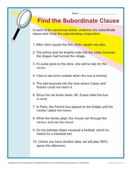 Find the Subordinate Clause | Sentence Structure Worksheets