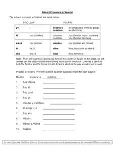 Subject Pronouns In Spanish Worksheet