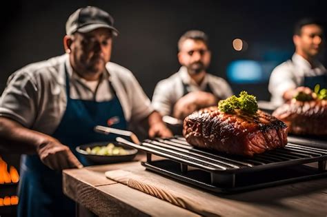 Premium AI Image | a man cooking a steak with a green leaf on it