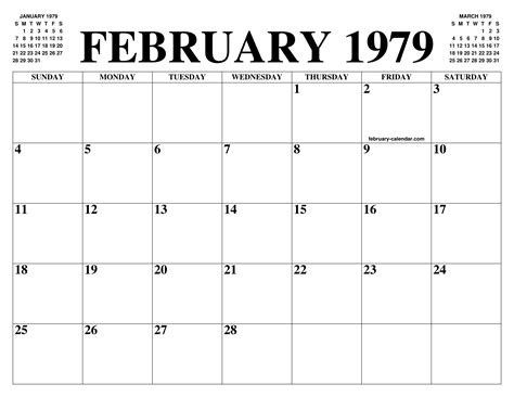 FEBRUARY 1979 CALENDAR OF THE MONTH: FREE PRINTABLE FEBRUARY CALENDAR ...