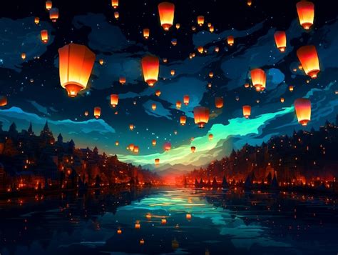 Premium Photo | Night sky filled with flying paper lanterns scenery