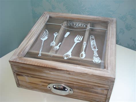 Shabby Chic Cutlery Storage Box with Drawer Wooden Box