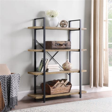 BELLEZE Industrial Bookshelf Open Wide Office Etagere Book Shelf Wood And Metal Bookcases ...