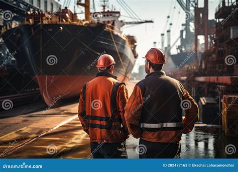 Back View of Shipyard Workers with a Majestic Ship Under Construction. Created with Generative ...