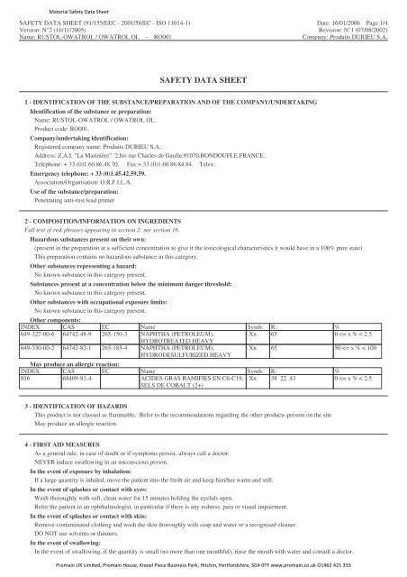 Owatrol Oil Safety Data Sheet - Promain