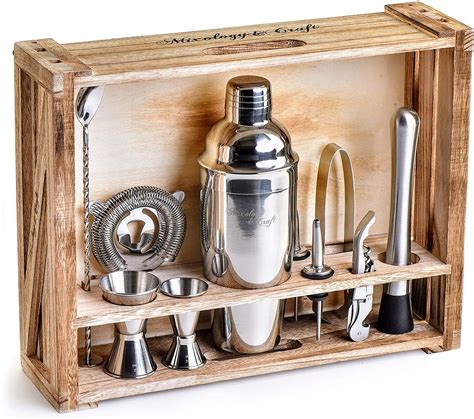 Mixology Bartender Kit: 11-Piece Bar Tool Set with Rustic Wood Stand | Perfect Home Bartending ...