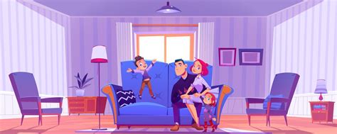 Happy family on couch in living room 12773770 Vector Art at Vecteezy
