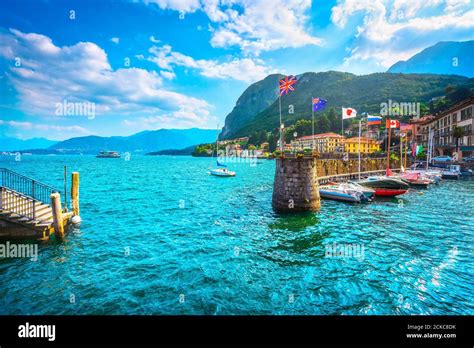 Menaggio town, marina entrance. Como lake district. Italian traditional lake village. Italy ...