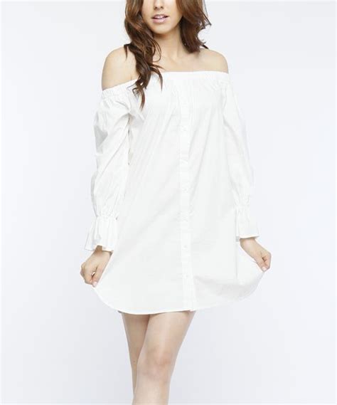 White Button-Up Off-Shoulder Dress | Dresses, Off shoulder dress, Chic dress