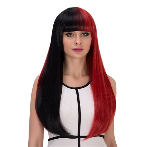 Halloween Women Cosplay Wigs,CoastaCloud Long Straight 2 Tones Red and Black Ugly cosplay Wig ...