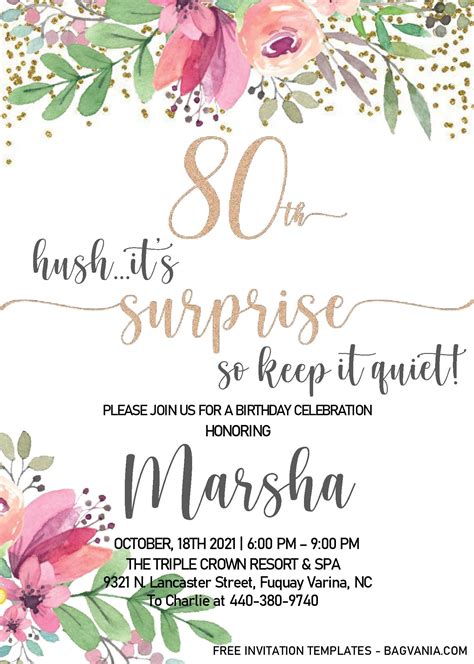 Floral 80th Birthday Invitation Templates - Editable With MS Word | 80th birthday invitations ...