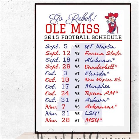 Items similar to 2015 Ole Miss Rebels Football Schedule, Printable Wall ...