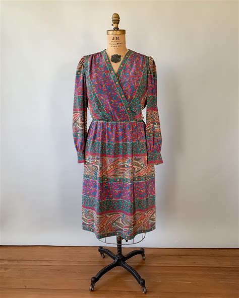 Vintage 1970s multicolored paisley print faux wrap dress / Large L