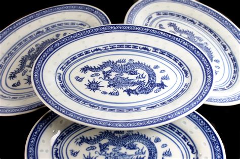 Eight Inch Oval Plates, Dragon Pattern, Zhongguo Jingdezhen, Porcelain, Blue and White, Set of 4 ...