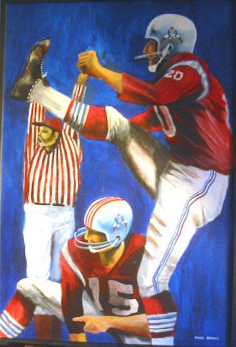 a painting of two football players and an umpire