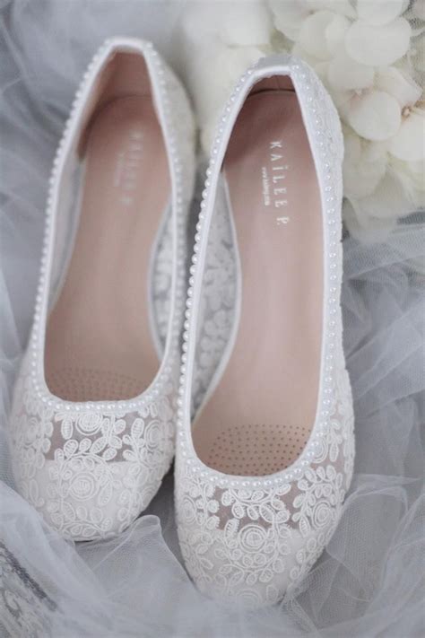 White Lace Round Toe Flats With MINI PEARLS Women Wedding Shoes ...