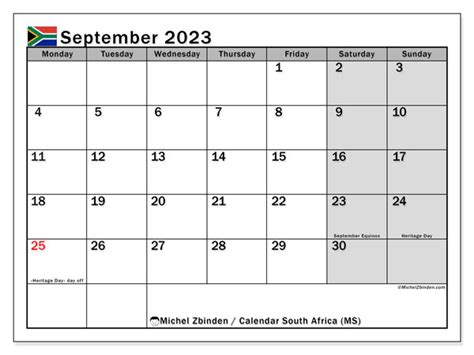 September 2023 Calendar South Africa - Get Calendar 2023 Update