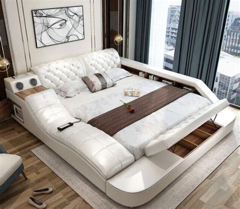 Leather Bed With Storage Safe ,Speaker, LED Light, For Bedroom Furnitu ...