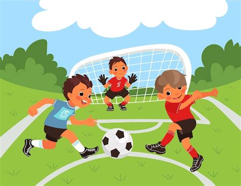 Fútbol infantil Los niños juegan un juego competitivo deportivo en el parque Portero y pequeños ...