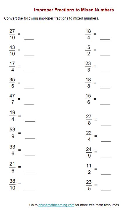 Improper Fractions To Mixed Numbers Worksheet Corbettmaths - Free Printable Worksheet