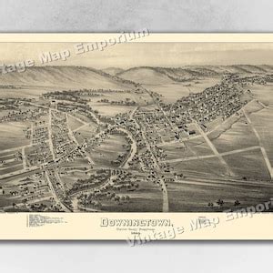 1893 Downingtown, Pennsylvania Map Panoramic Old City Map Historic Birds Eye View Vintage Map ...