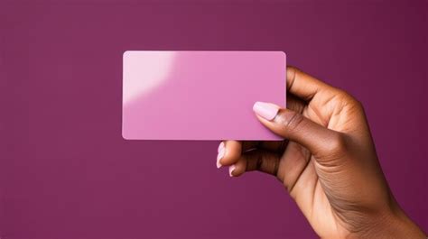 Premium AI Image | Close up of female hand holding blank business card over pink background ...