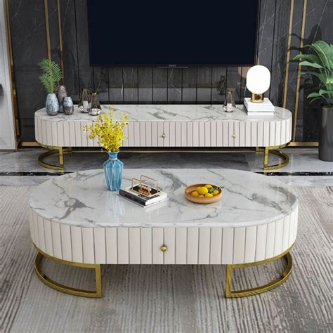 47.6" Modern Oval Faux Marble Top Coffee Table with 2 Drawers Gold ...