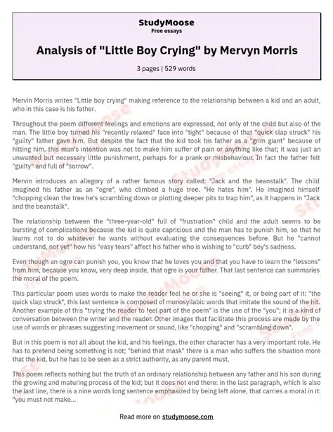 Analysis of "Little Boy Crying" by Mervyn Morris Free Essay Example