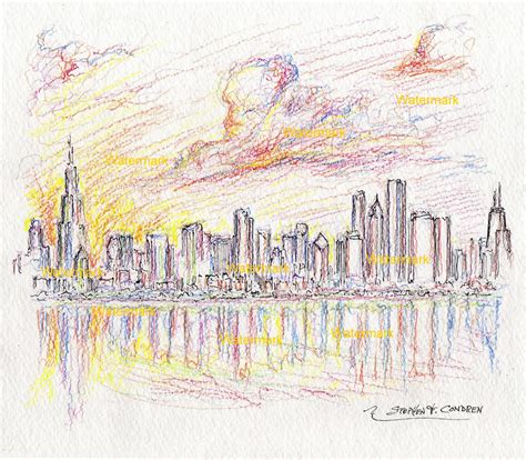 Chicago skyline color pencil drawing on the lake at sunset.