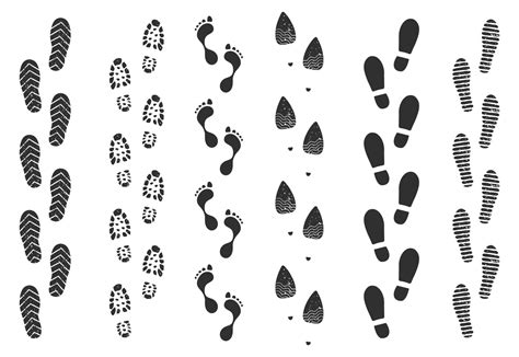 Footprint track, human walking footstep trails. Shoe foot print route ...