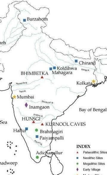 Mark it on the outline of political map of Indiapalaeolithic , neolithic and mesolithic sites in ...