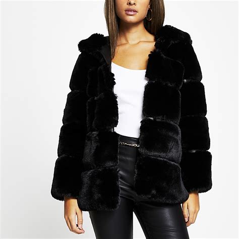 Black panelled hooded faux fur coat | River Island