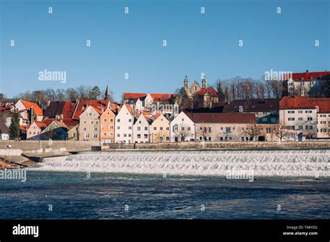 Landscape of Landsberg am Lech river bank, view in warm winter, at ...