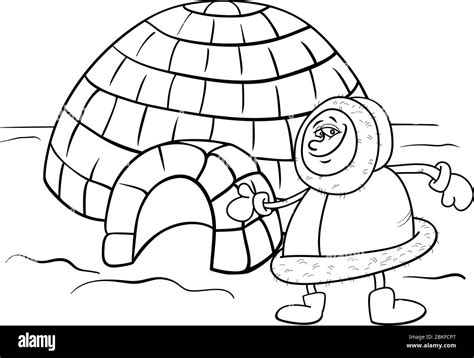 Black and White Cartoon Illustration of Funny Eskimo or Lapp Man with his Igloo House Coloring ...