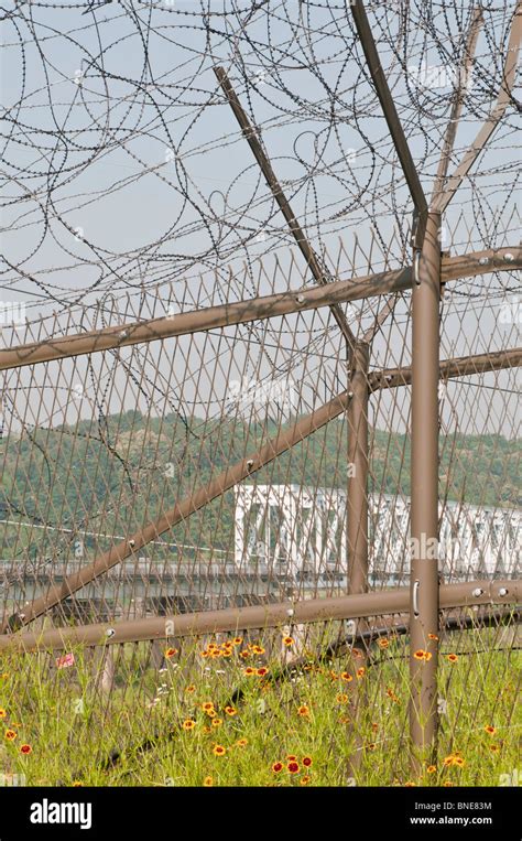 Freedom Bridge and the DMZ fence, Demilitarized Zone (DMZ) between North and South Korea ...