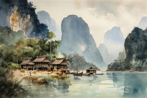 Premium Photo | A painting of a village by the river