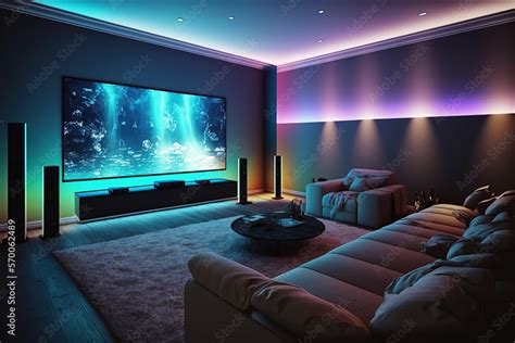 Home cinema, living room with colored LED lighting - Smart home. AI Stock Illustration | Adobe Stock