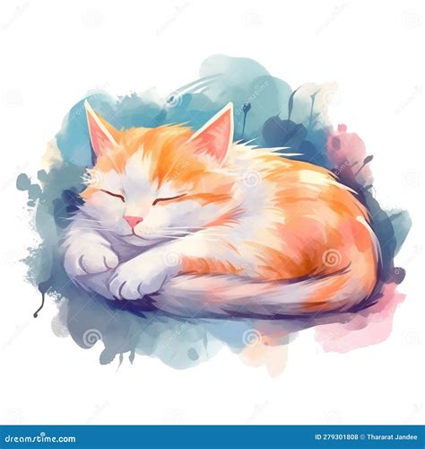 Watercolor Illustration of Cute a Cat Sleeping on Watercolor Background ...