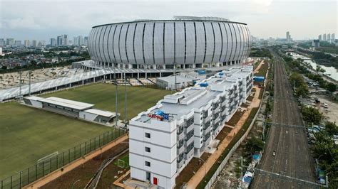 Aerial view. Construction of new football stadium for upcomming Indonesia Team. Jakarta ...