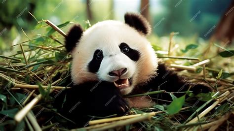 Retrato de un panda gigante comiendo bambú en el bosque | Foto Premium