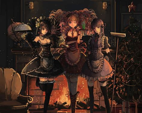 HD wallpaper: balls, girls, fire, holiday, tree, anime, art, fireplace, garland | Wallpaper Flare